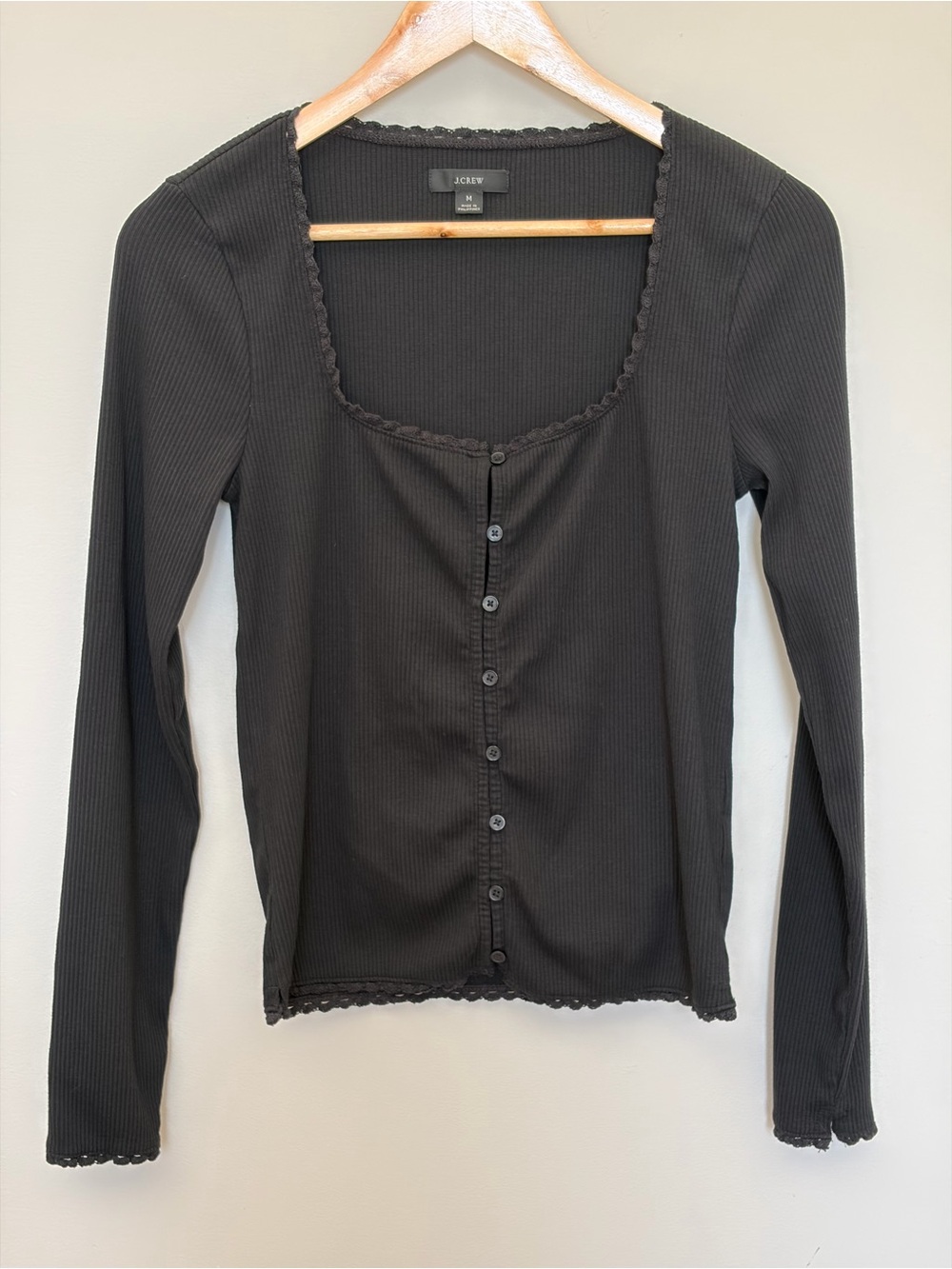 J. Crew Black Ribbed Long-Sleeve Button Front Top
